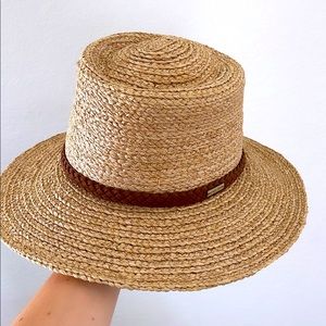 GIGI PIP — straw hat — tan/brown with leather braided band — no signs of wear ✨